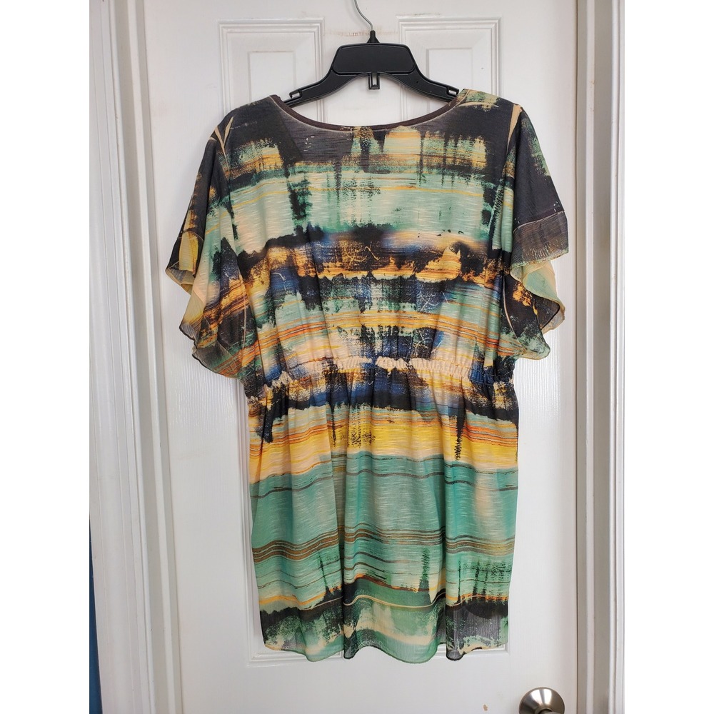Live‎ and Let Live Tunic Top Green Yellow Sequin V-Neck Boho Flutter Sleeve 2X - Picture 4 of 7
